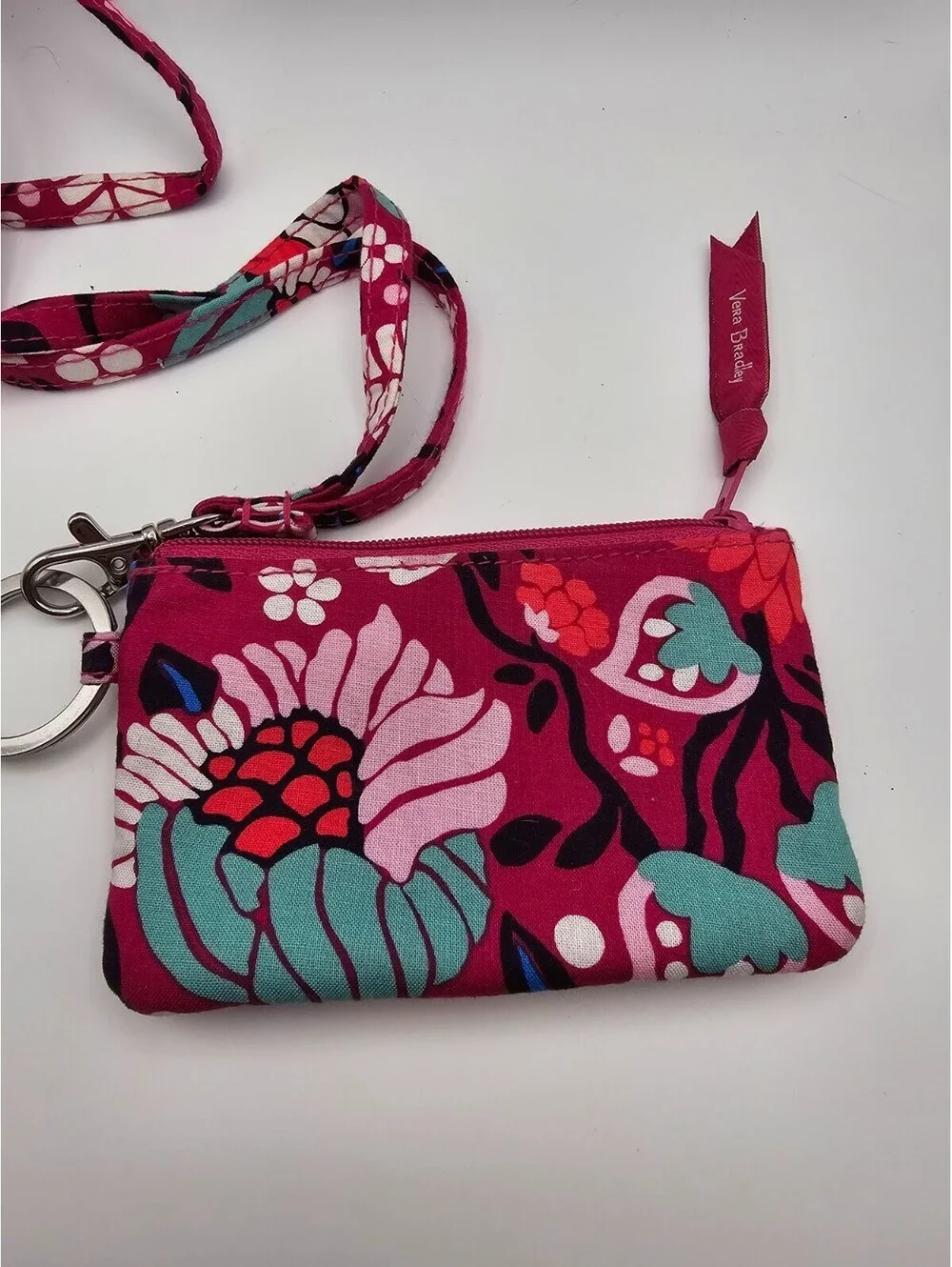 Vera Bradley Zip ID Case Lanyard Pink Floral Quilted Key Ring Wallet